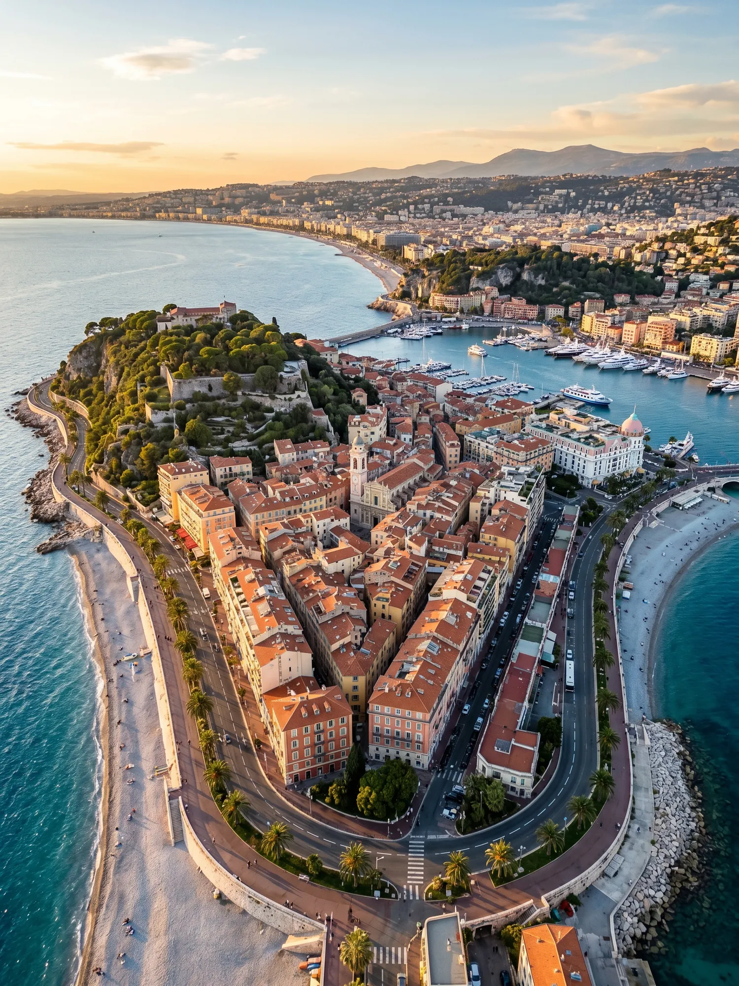 Panoramic aerial view of Nice skyline at golden hour