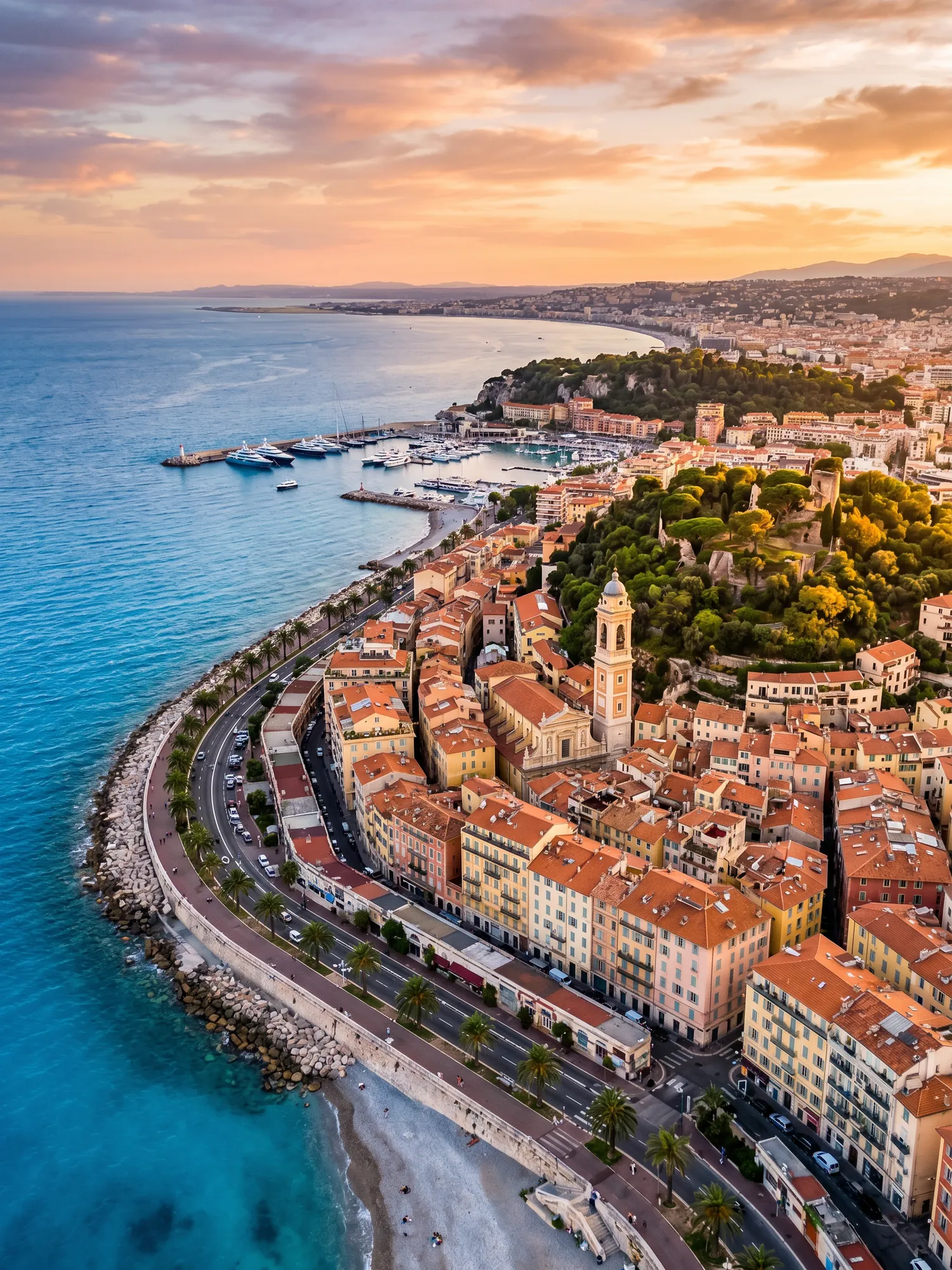 Panoramic aerial view of Nice skyline at golden hour