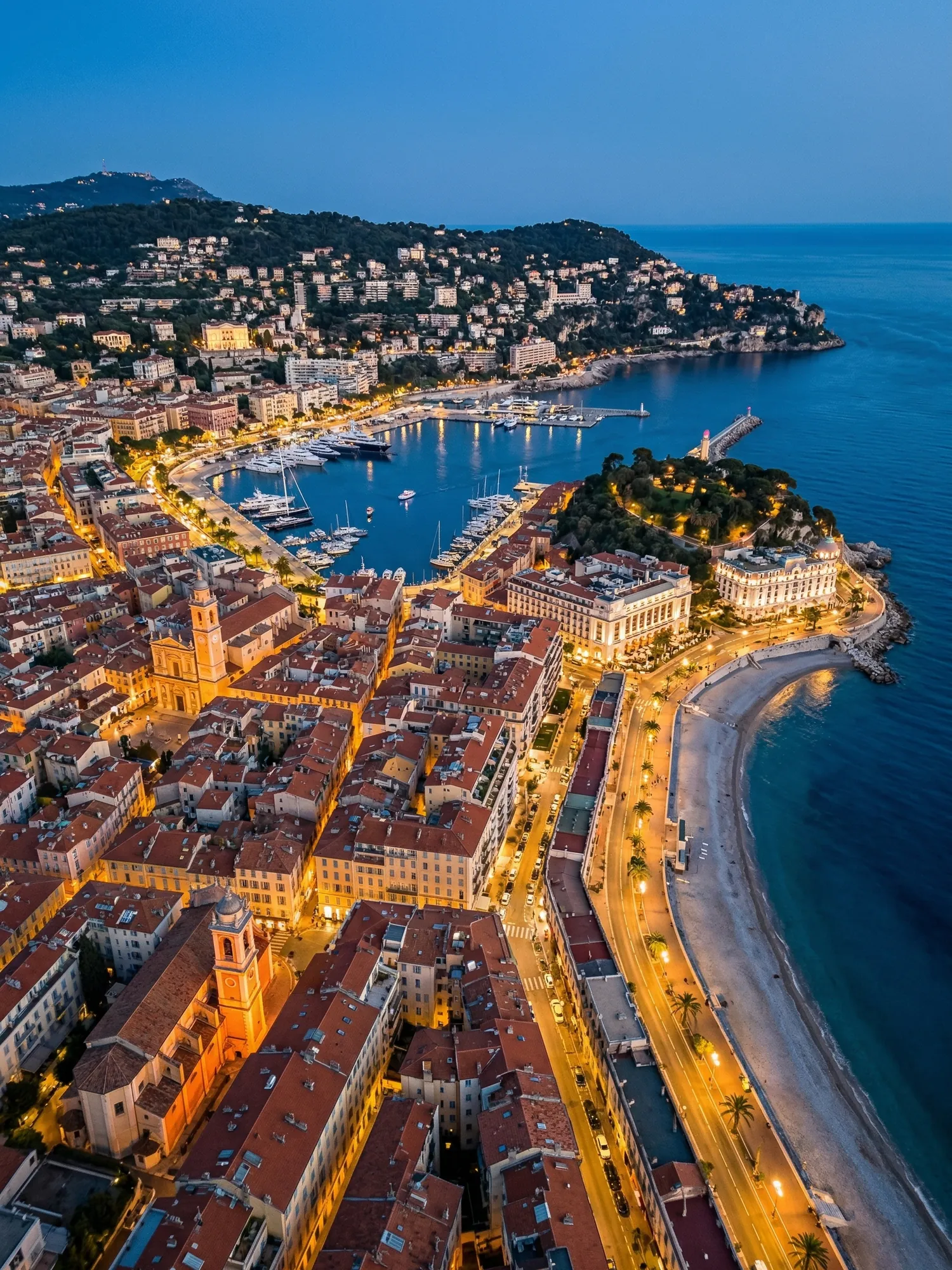 Panoramic aerial view of Nice skyline at golden hour