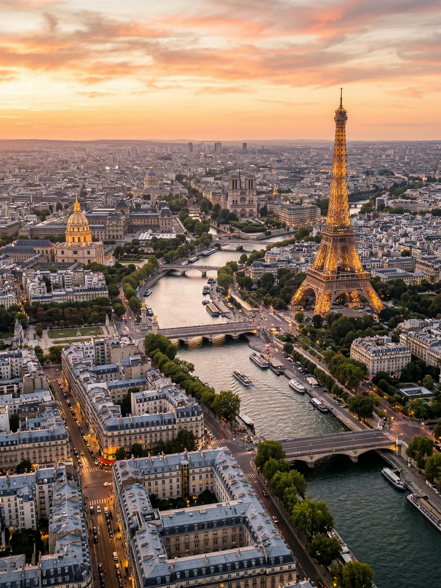 Panoramic aerial view of Paris skyline at golden hour