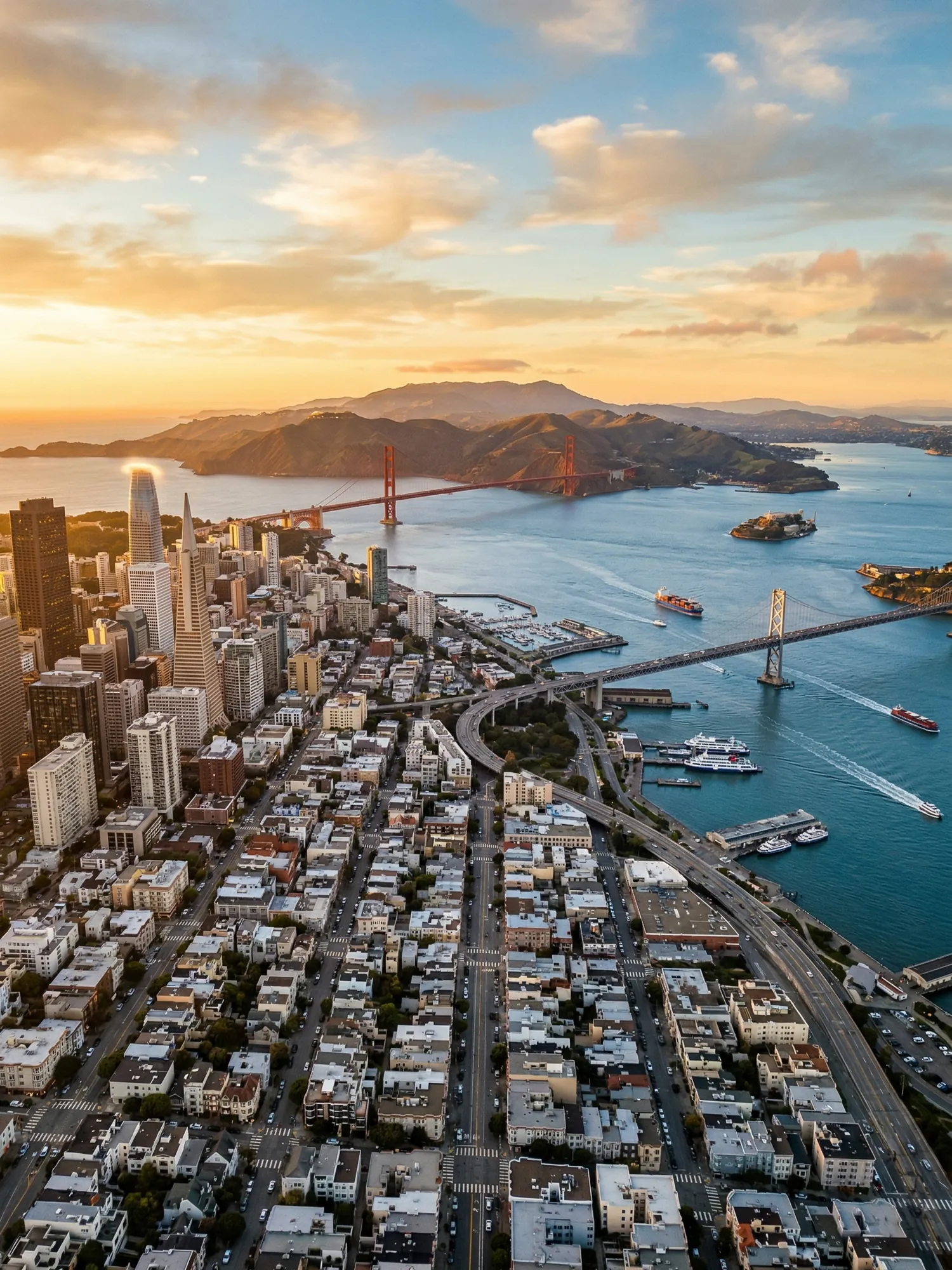 Panoramic aerial view of San Francisco skyline at golden hour