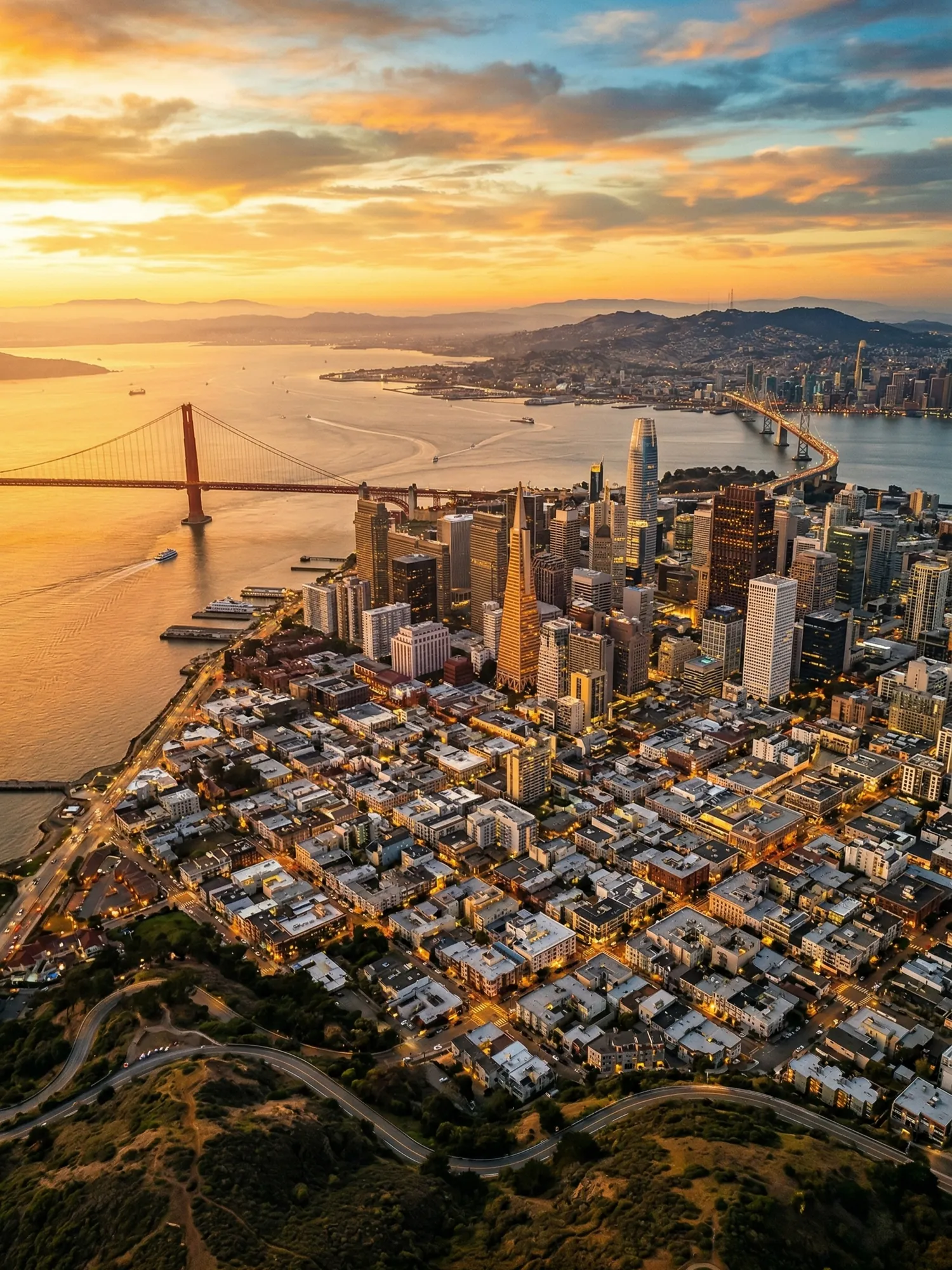 Panoramic aerial view of San Francisco skyline at golden hour