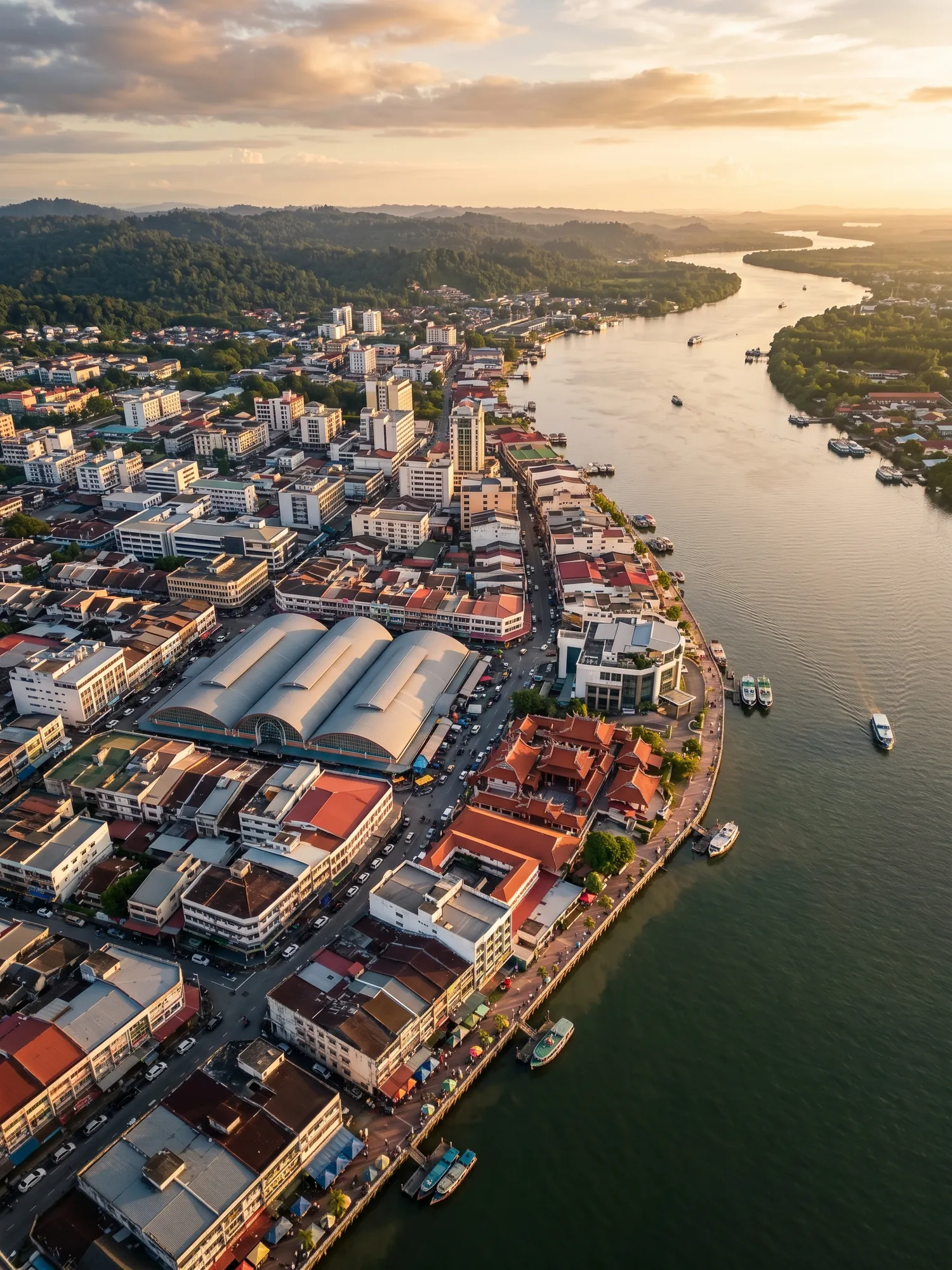 Panoramic aerial view of Sibu skyline at golden hour