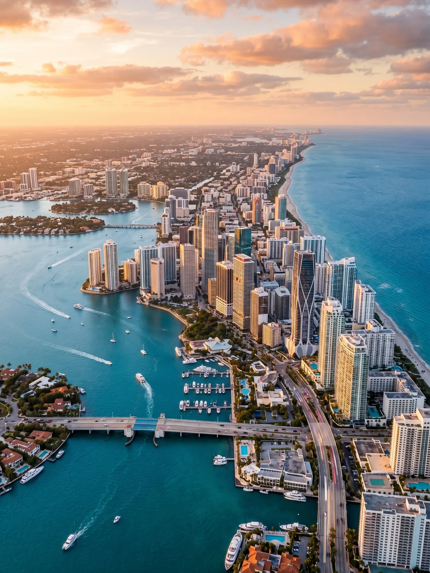 Panoramic aerial view of South Florida skyline at golden hour
