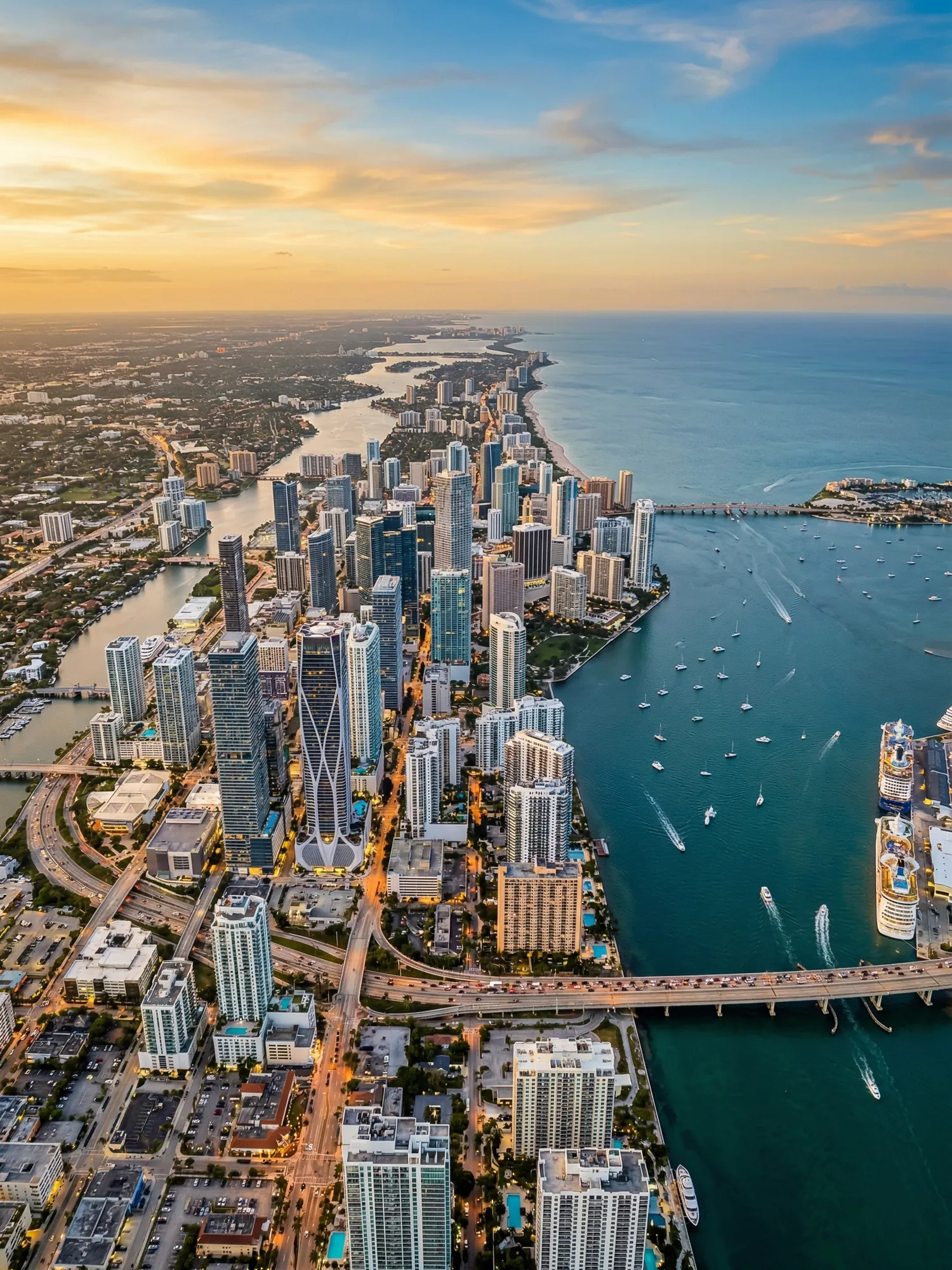 Panoramic aerial view of South Florida skyline at golden hour