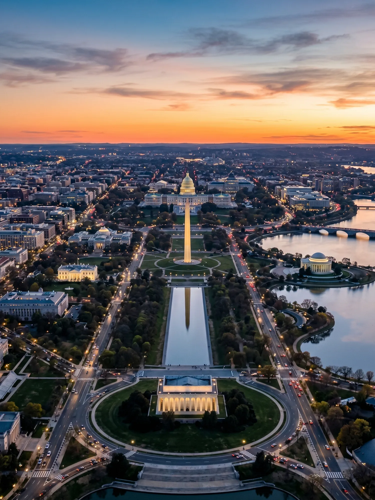Panoramic aerial view of Washington skyline at golden hour