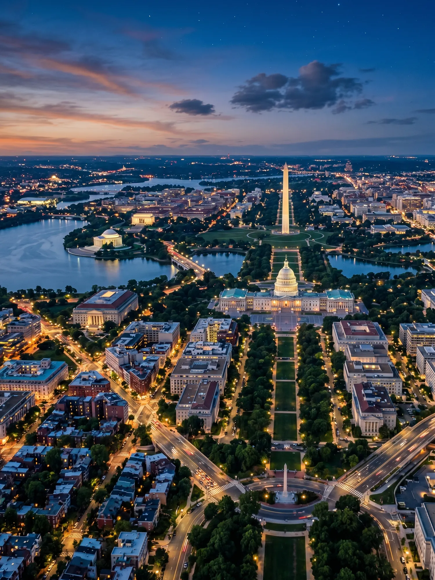 Panoramic aerial view of Washington skyline at golden hour