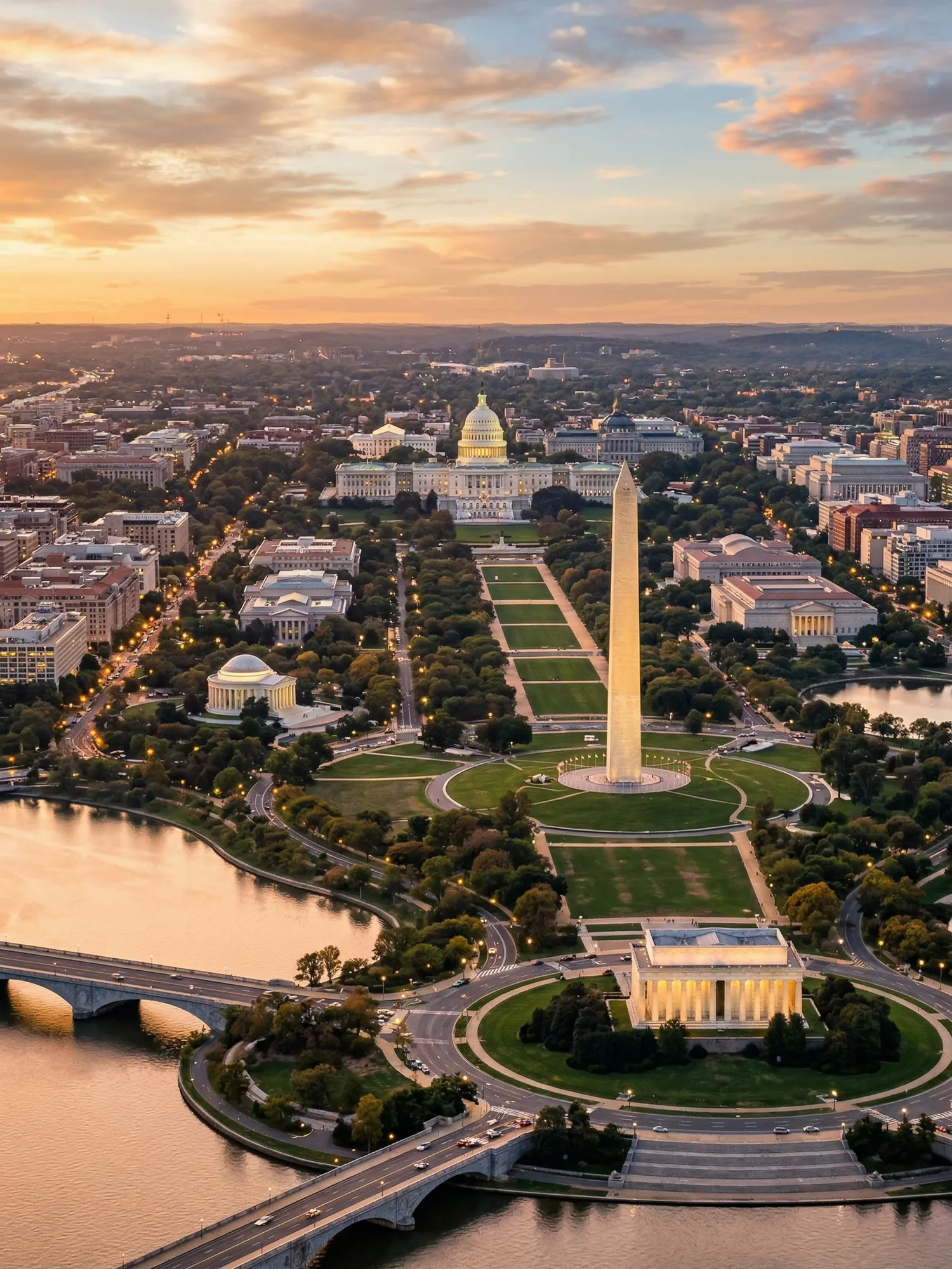 Panoramic aerial view of Washington skyline at golden hour