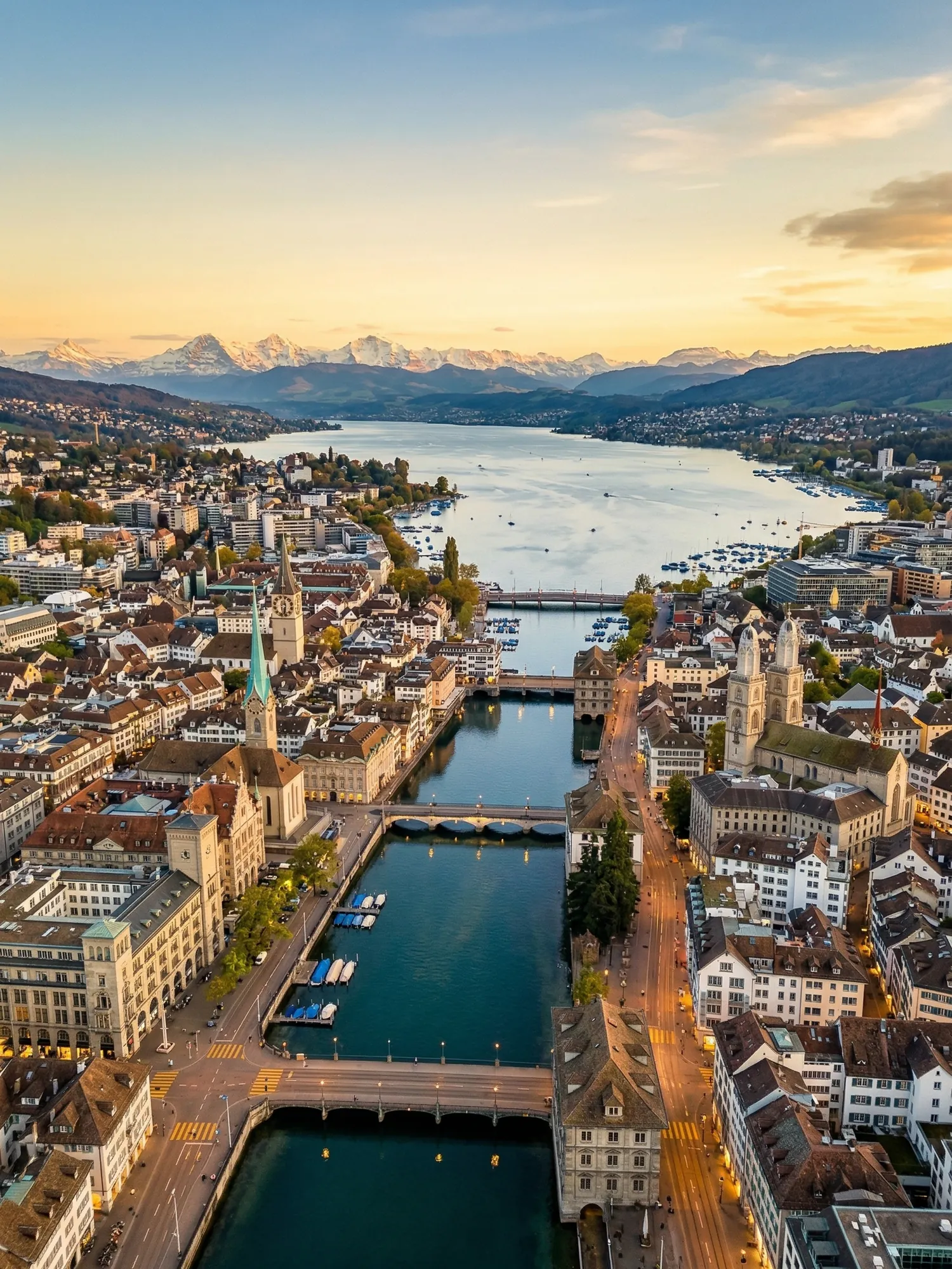Panoramic aerial view of Zurich skyline at golden hour