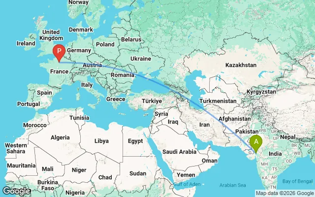 Flight path from Ahmedabad to Paris