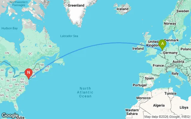 Flight path from Amsterdam to New York