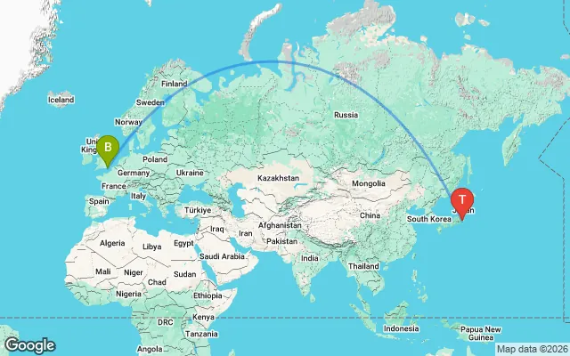 Flight path from Brighton to Tokyo