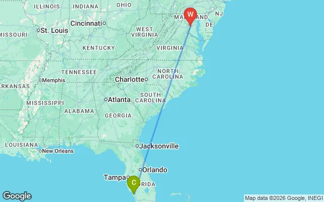 Flight path from Cape Coral to Washington