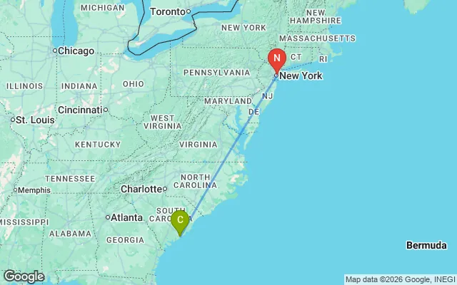 Flight path from Charleston to New York
