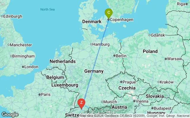 Flight path from Copenhagen to Zurich