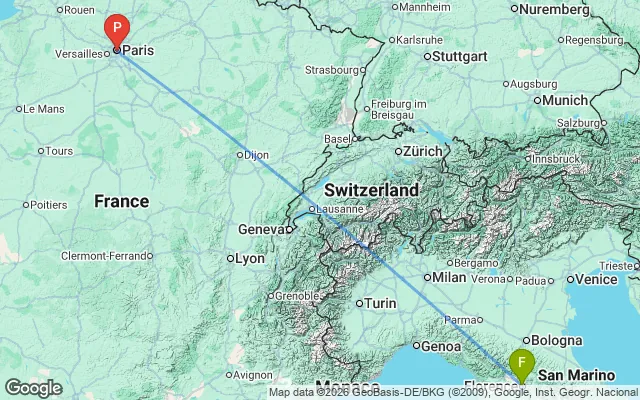 Flight path from Florence to Paris