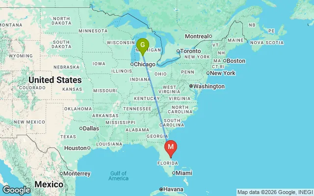 Flight path from Grand Rapids to Melbourne