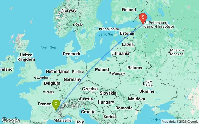 Flight path from Grenoble to St. Petersburg