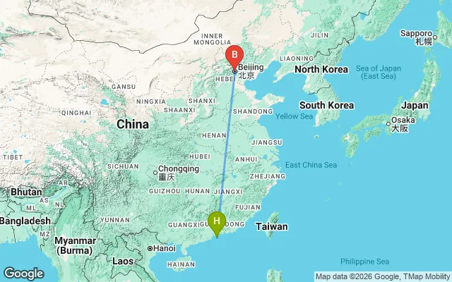 Flight path from Hong Kong to Beijing