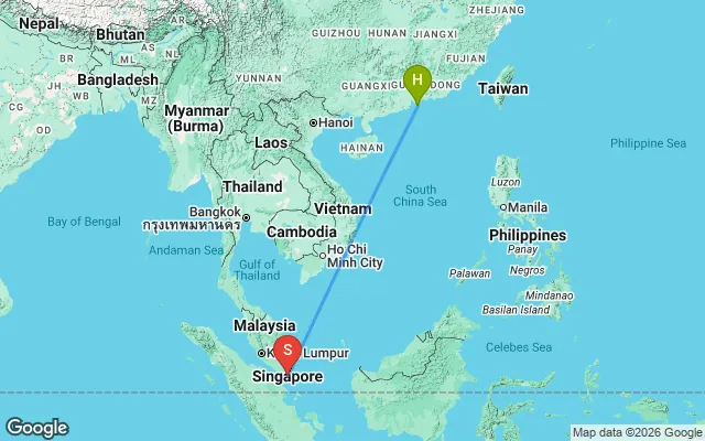 Flight path from Hong Kong to Singapore