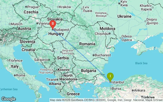 Flight path from Istanbul to Budapest