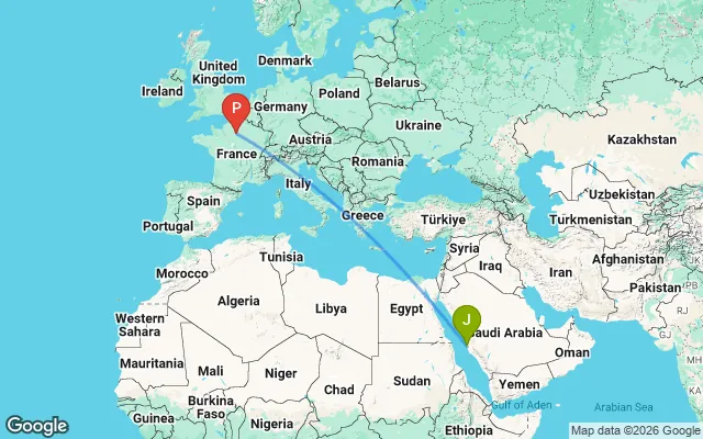 Flight path from Jeddah to Paris