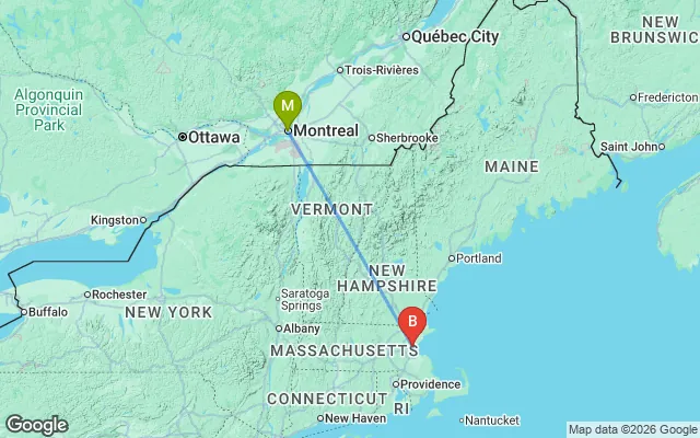 Flight path from Montreal to Boston