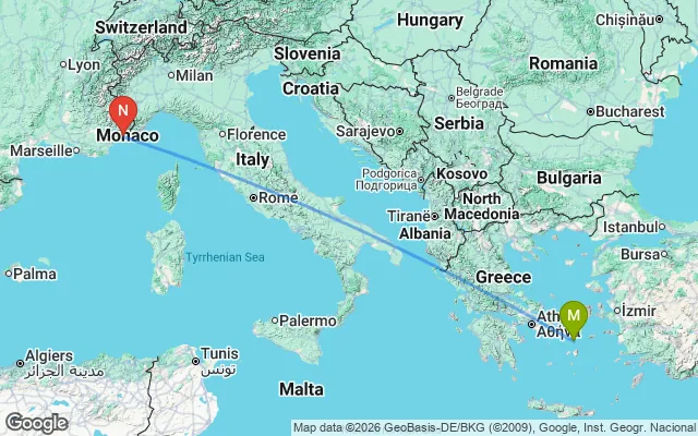 Flight path from Mykonos to Nice