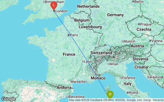 Flight path from Olbia to London