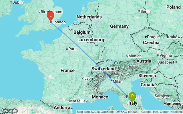 Flight path from Perugia to London