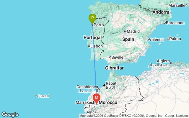 Flight path from Porto to Marrakesh