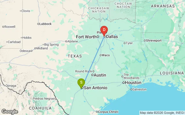 Flight path from San Antonio to Dallas