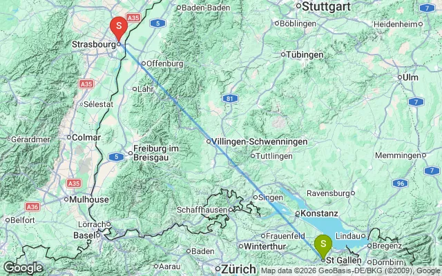 Flight path from St. Gallen to Strasbourg