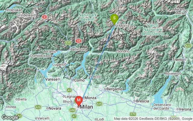 Flight path from St. Moritz to Milan
