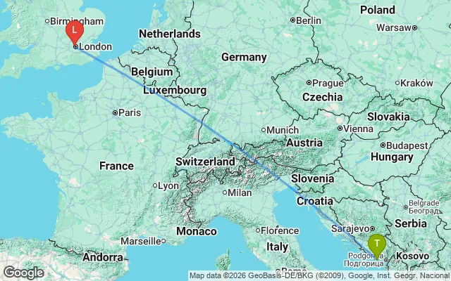 Flight path from Tivat to London