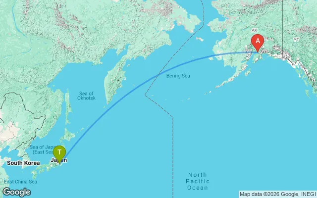 Flight path from Tokyo to Anchorage