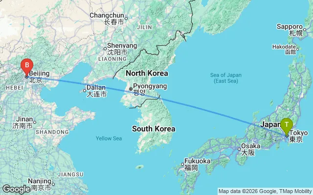 Flight path from Tokyo to Beijing