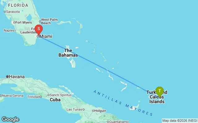 Flight path from Turks and Caicos to South Florida