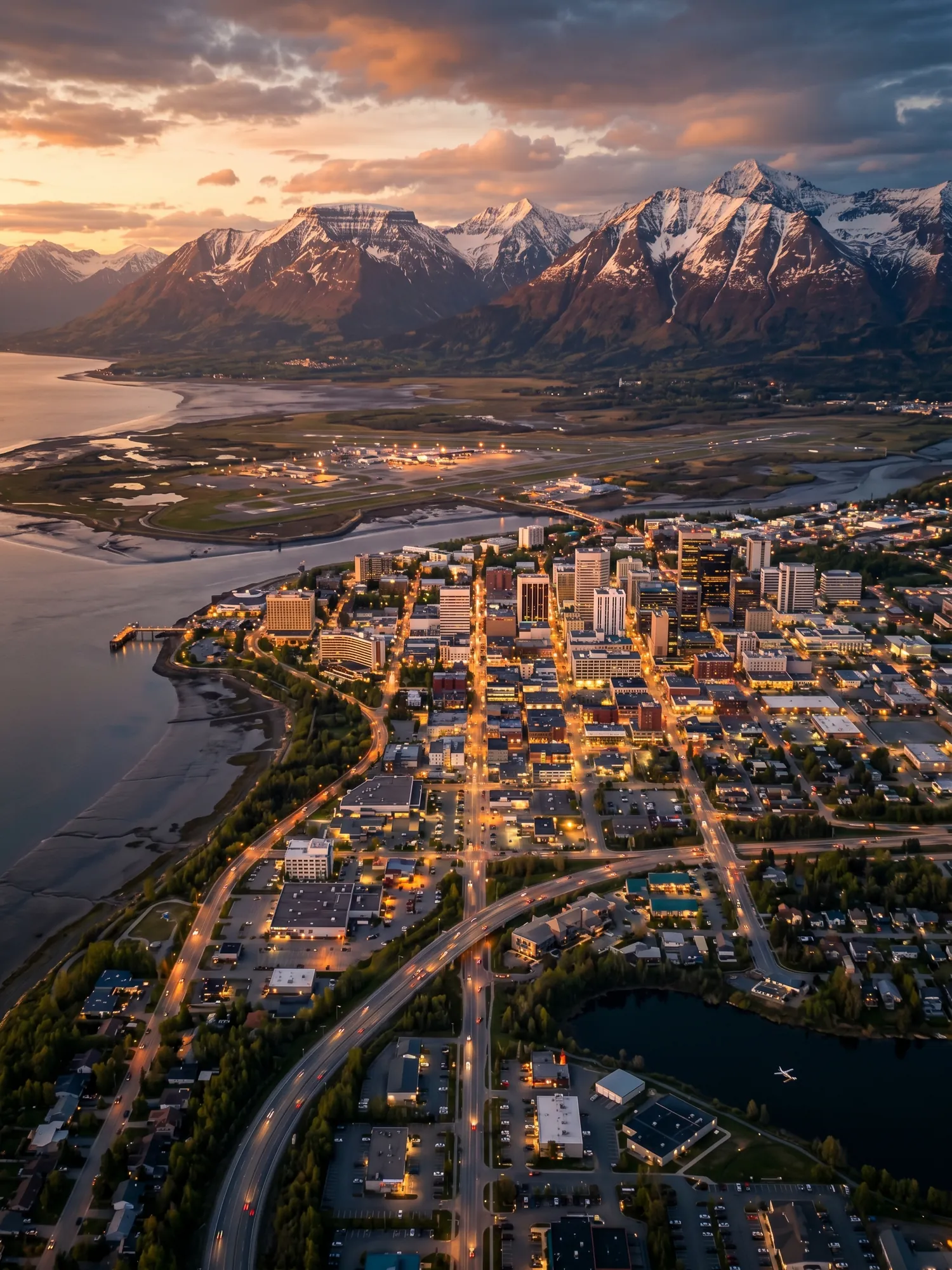 Panoramic aerial view of Anchorage skyline at golden hour