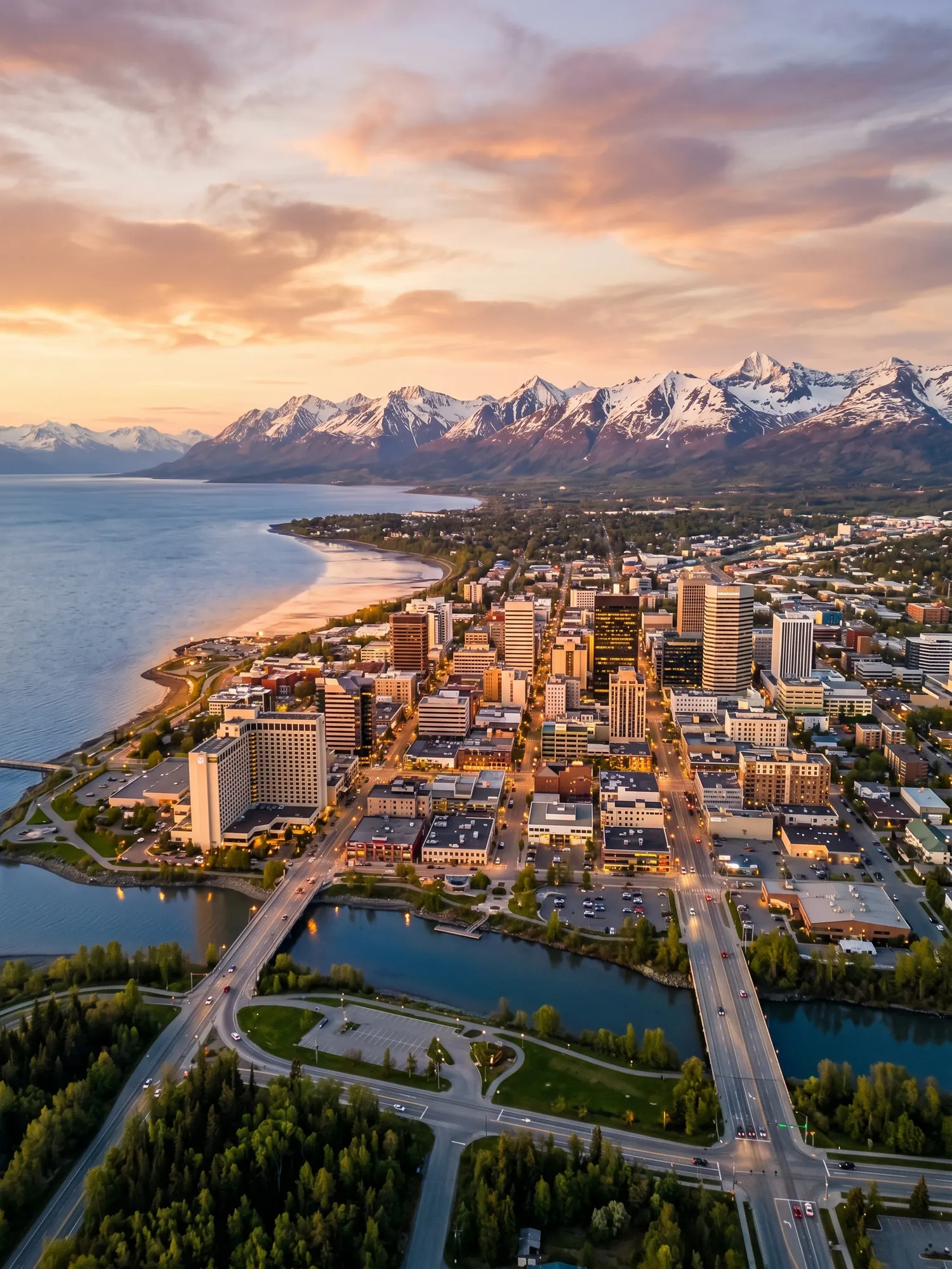 Panoramic aerial view of Anchorage skyline at golden hour