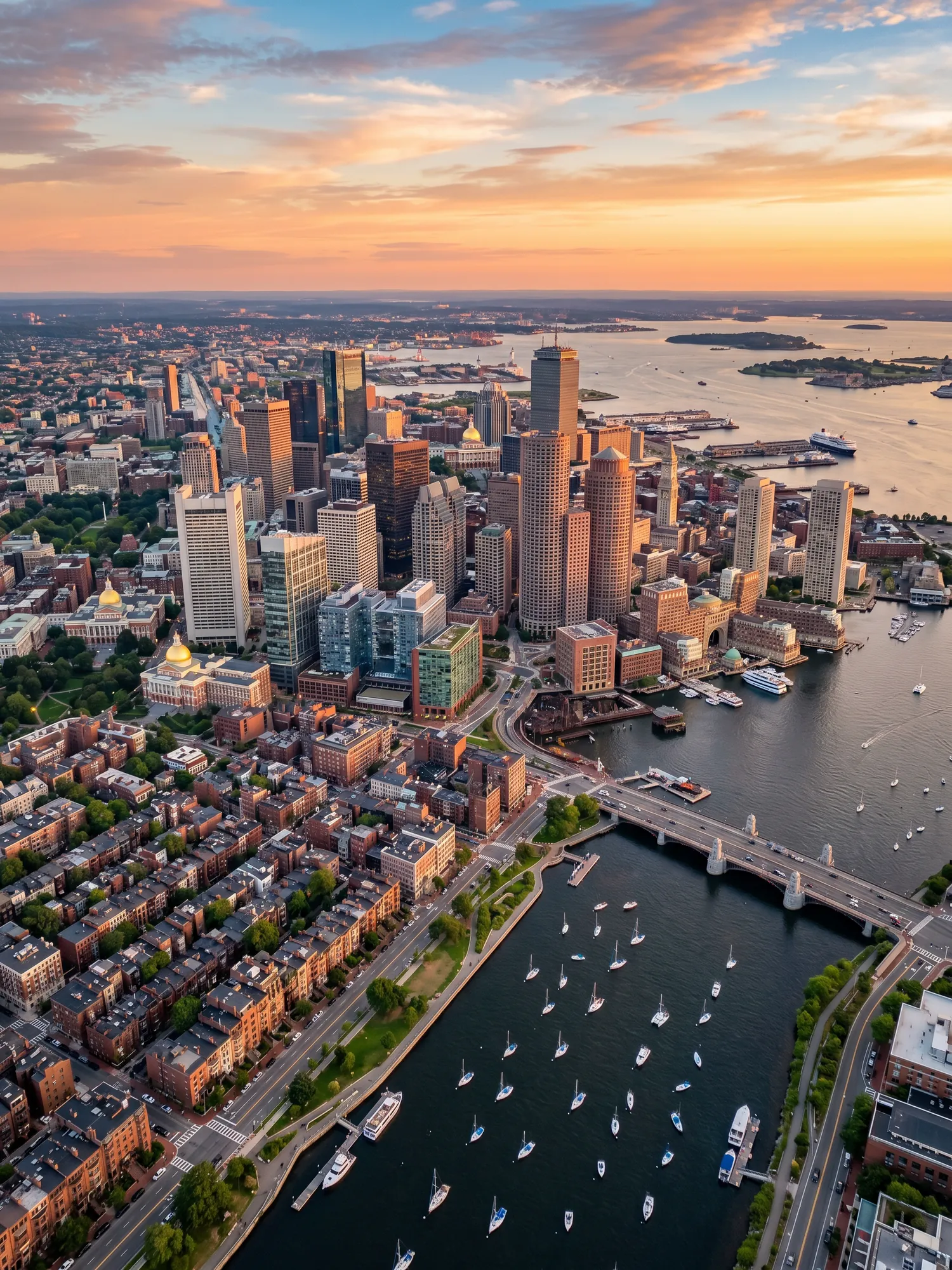 Panoramic aerial view of Boston skyline at golden hour