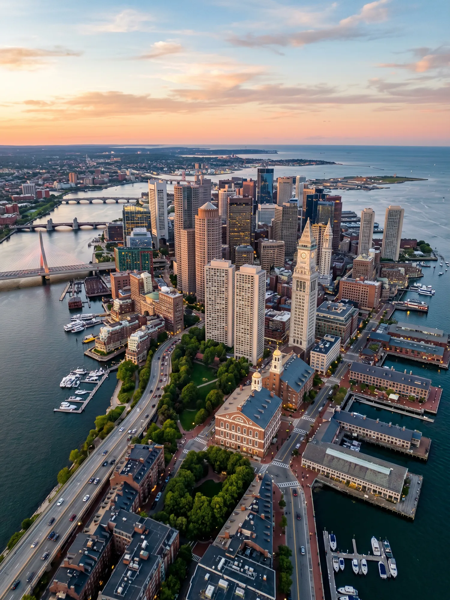 Panoramic aerial view of Boston skyline at golden hour