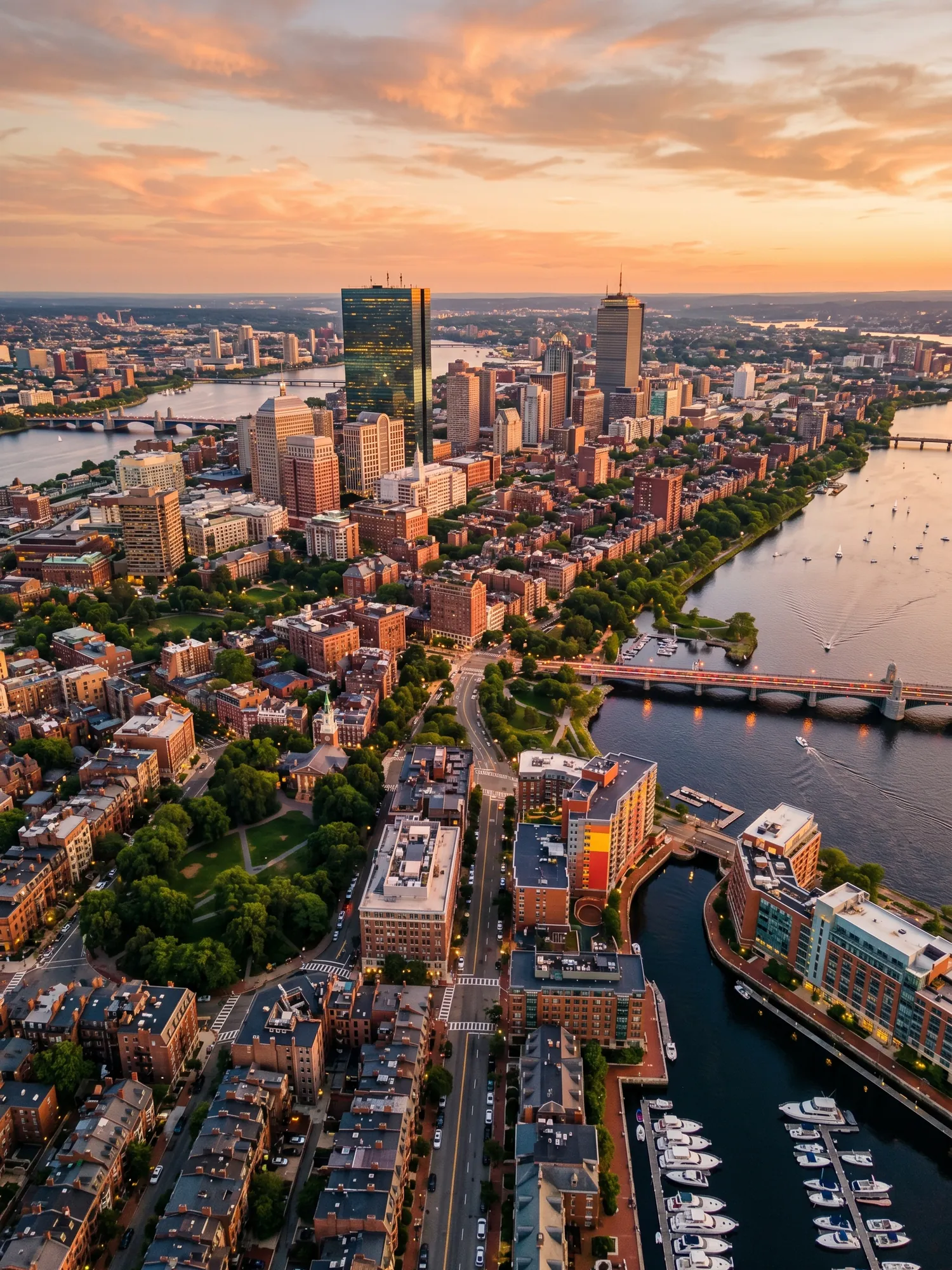 Panoramic aerial view of Boston skyline at golden hour