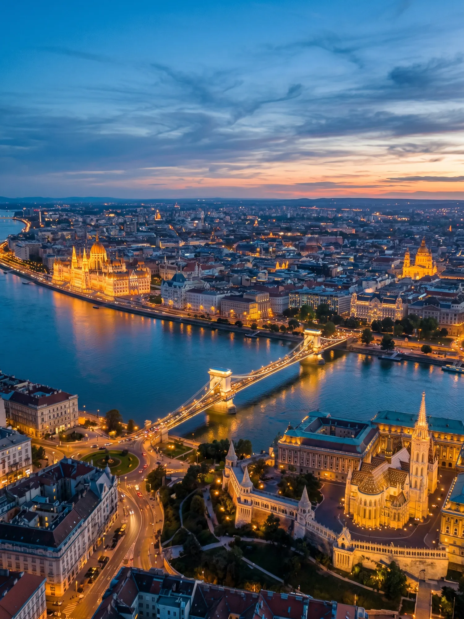 Panoramic aerial view of Budapest skyline at golden hour