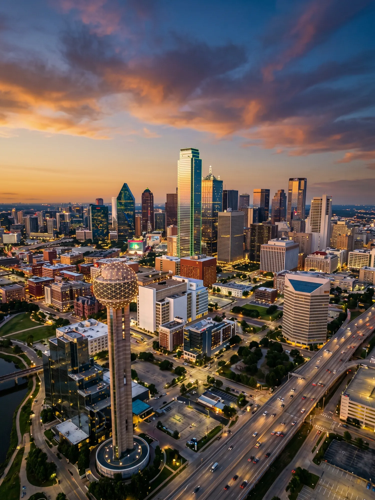 Panoramic aerial view of Dallas skyline at golden hour