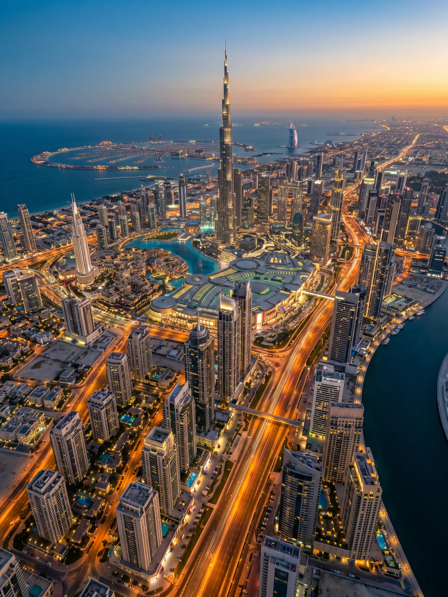 Panoramic aerial view of Dubai skyline at golden hour
