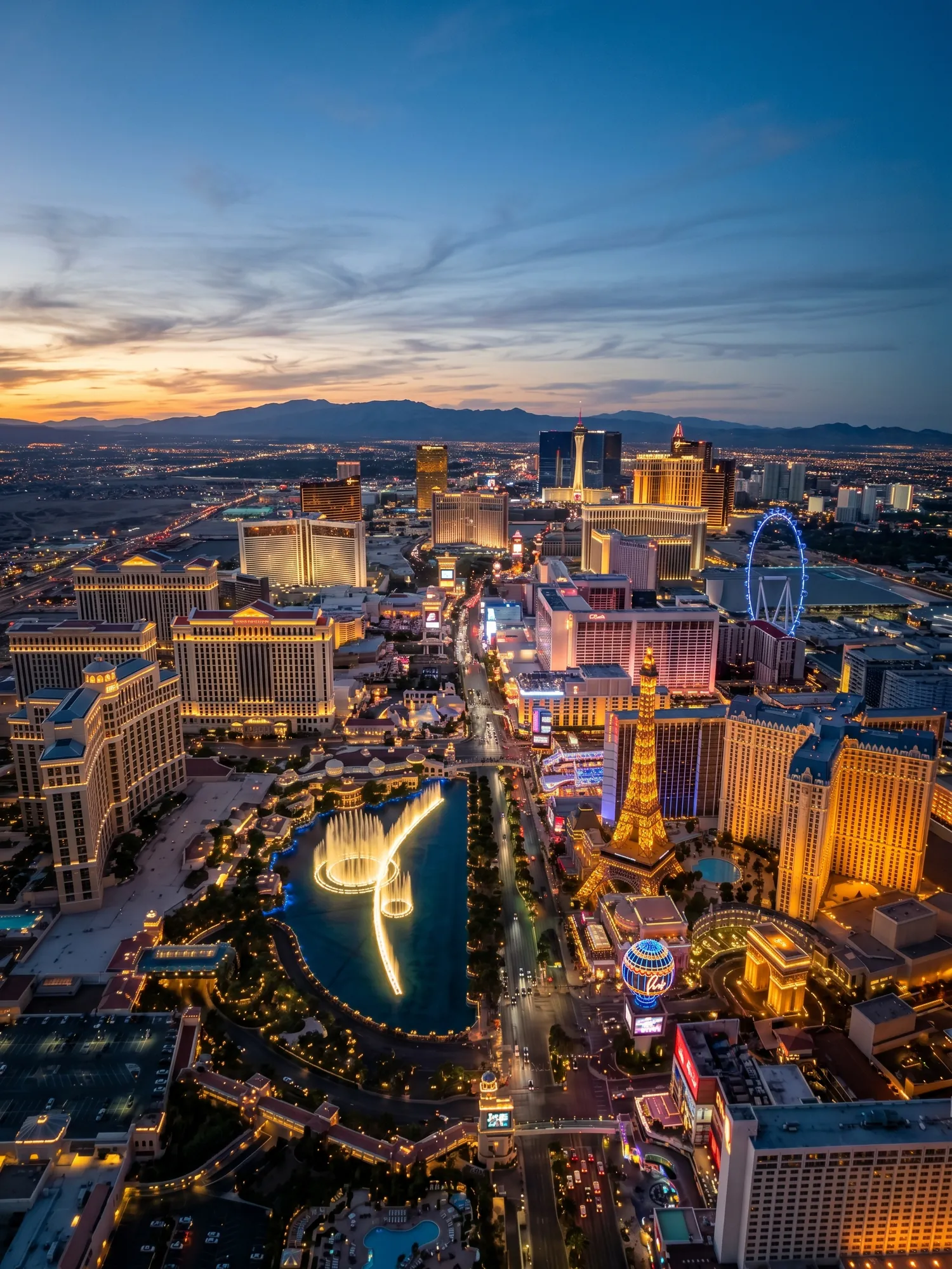 Panoramic aerial view of Las Vegas skyline at golden hour