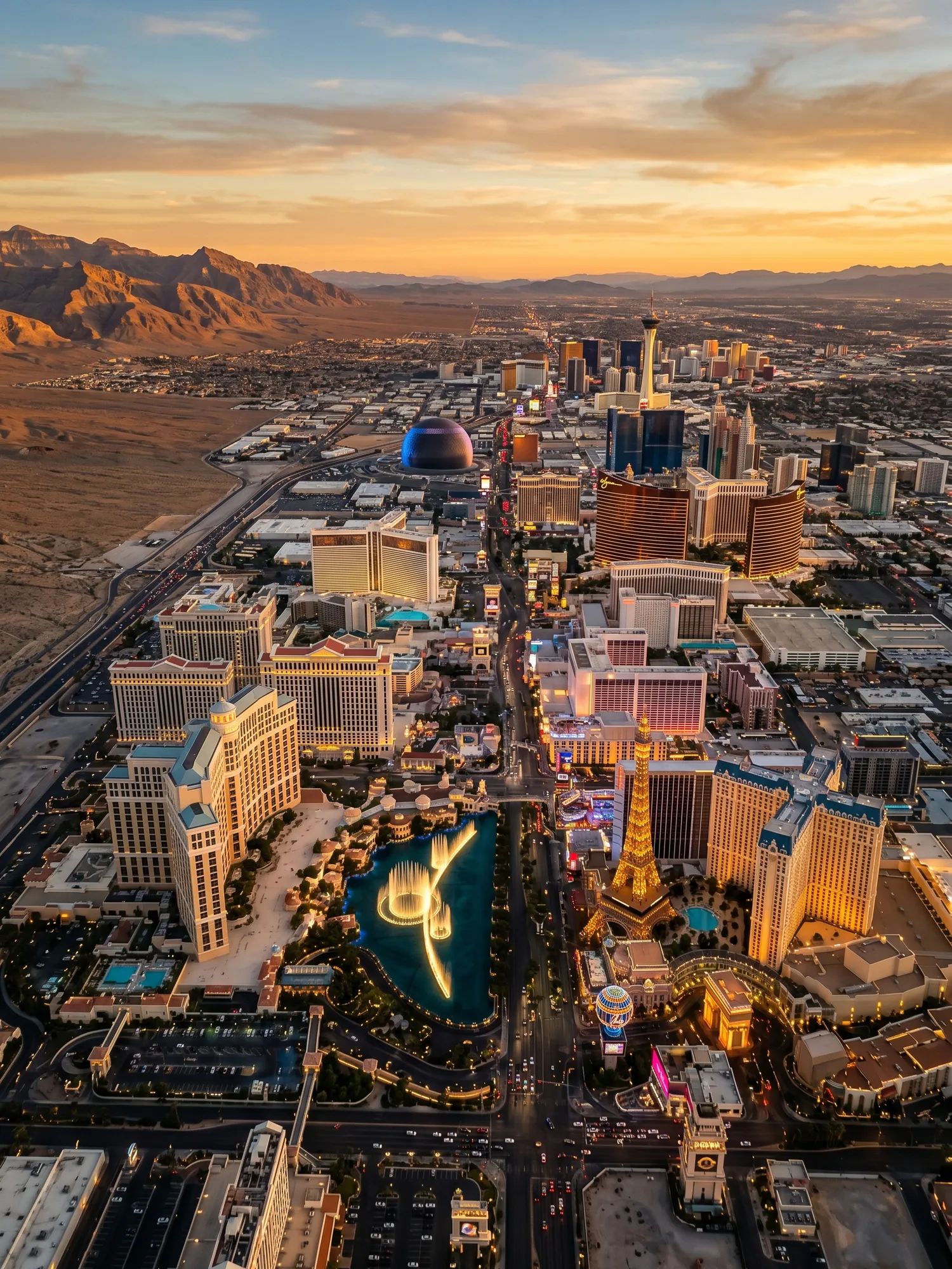 Panoramic aerial view of Las Vegas skyline at golden hour