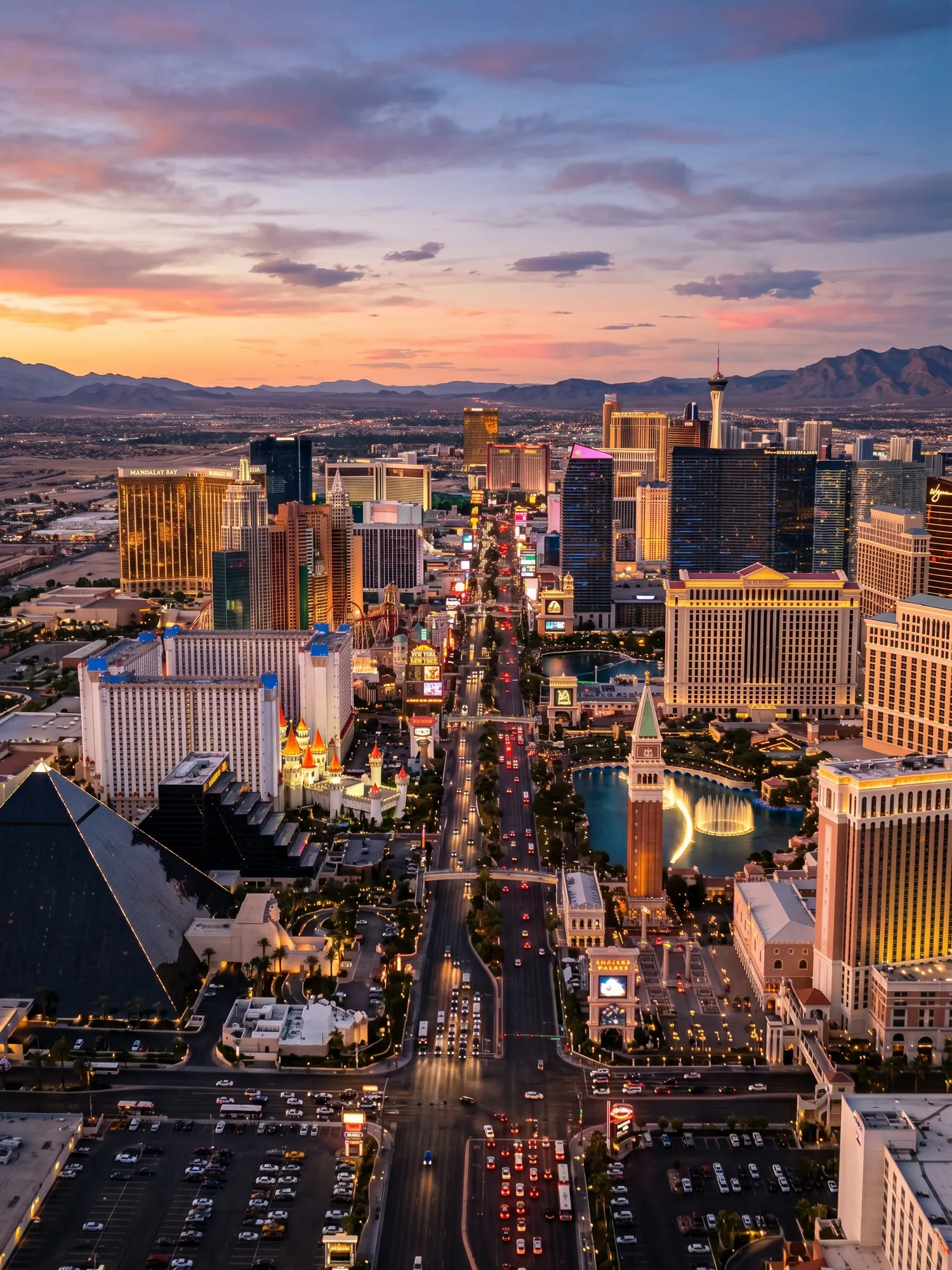 Panoramic aerial view of Las Vegas skyline at golden hour