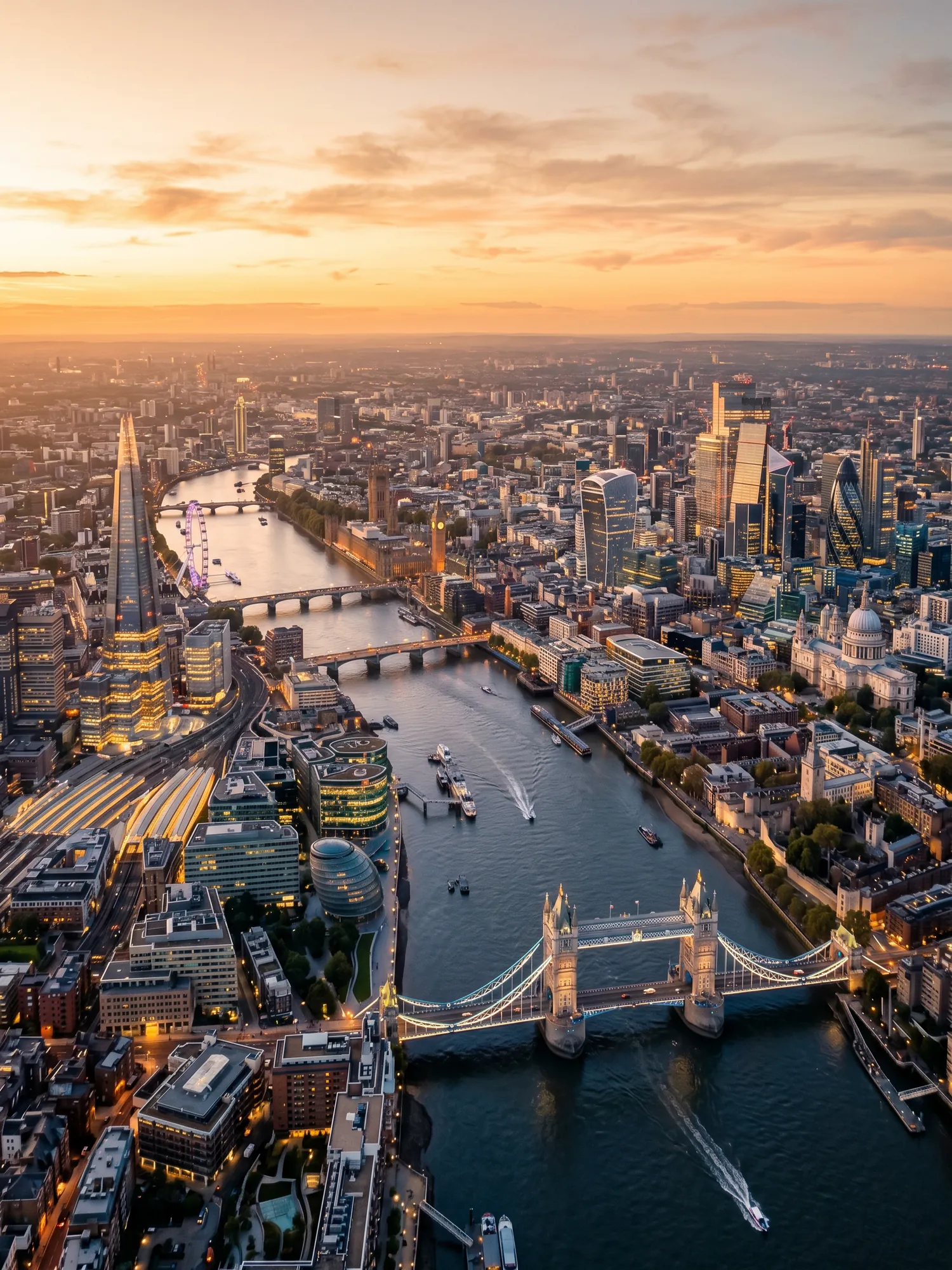 Panoramic aerial view of London skyline at golden hour